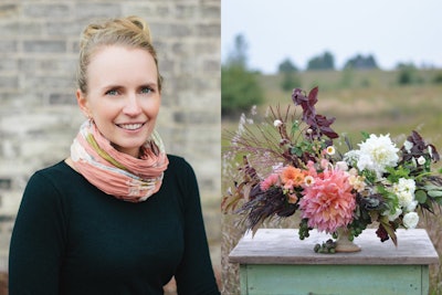 For fall, Bloom Floral Design’s Jennifer Haf is using a variety of dahlias, Japanese anemone, grapes on the vine, fountain grasses, foraged foliage, fruit on the vine, and more. She chooses “layers of texture and color that exude the calm fall brings,” she says.