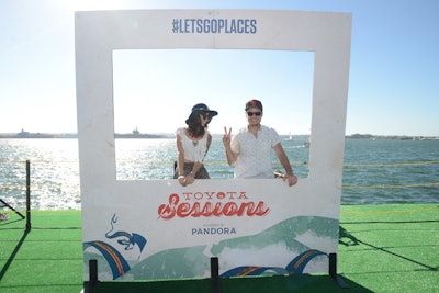 A frame for a photo op used the real San Diego Bay as a backdrop.