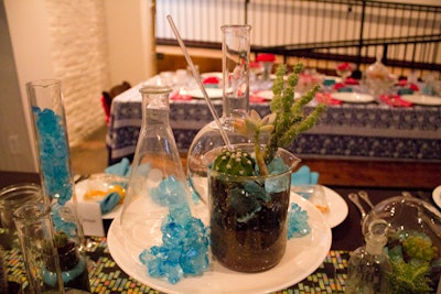 Looking to design a table that was instantly recognizable, designers Emily Basham-Hoelscher, Merrill Alley, and Shannon Stott-Sosa of Urbanspace Interiors, opted for television series Breaking Bad as their theme. Glass beakers were filled with blue rock candy, mimicking the show’s blue crystal meth, and cactus, as a nod to the show's desert location.