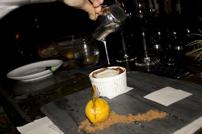 The dessert course featured four dishes, each corresponding to a different element. Pumpkin pie soufflé with squash sorbet represented air.