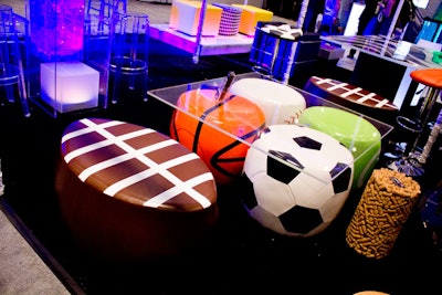 Colorful new ottomans were on display as part of PBG Event Productions & Rentals' sports lounge collection. Pricing is available upon request.