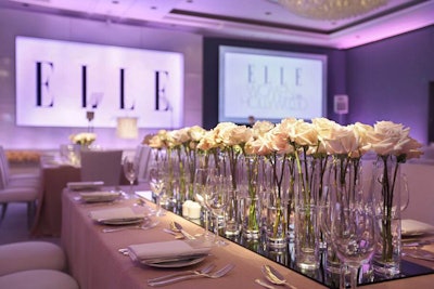 At the Elle Women in Hollywood awards this month at the Four Seasons Los Angeles at Beverly Hills, long-time producer Caravents worked with Elle event director Katie Crown on the overall vision and event design. Blush tones in details from the linens to the roses created a feminime feel along with graphite mirror runners with clear cylinder vases.