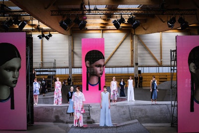 Held at a skate park on the northern outskirts of Paris near the Périphérique (the border separating Paris proper and the outlying suburbs), the Villa Eugenie-produced Kenzo show featured a female avatar on large digital screens greeting arriving guests with messages of environmental protection (last spring's show highlighted the preservation of the world's oceans). Models were strategically placed on the park's concrete curvatures.