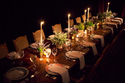 The 'Imagining the Lowline' fund-raising initiative's co-founders hosted a New York dinner billed as an 'anti-gala' in 2012. Van Wyck & Van Wyck used reclaimed wood dining tables decorated with traditional taper candles and organic centerpieces made up of potted mint, lavender, rosemary, geranium leaves, and olive branches.