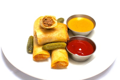 Cheeseburger spring rolls filled with ground beef, onion, three cheeses (American, cheddar, and Swiss), and béchamel sauce, by Delicatessen in New York