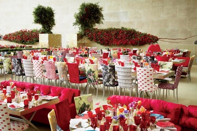 In 2012, the museum presented 'Schiaparelli & Prada: Impossible Conversations,' which explored the aesthetic similarities between designers Elsa Schiaparelli and Miuccia Prada. For the gala dinner, held in the museum's Temple of Dendur, the chairs were upholstered with many of Prada's popular prints and were complemented by bright poppies and anemones on the tables, creating a whimsical feel that mimicked both women's fashion sensibilities.