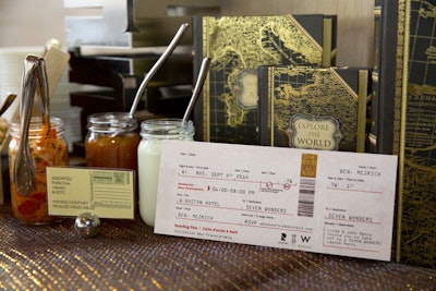 The book party for Ben Mezrich’s Seven Wonders, held at the W Boston in September, featured food station signage inspired by vintage postcards and stamps from the locations mentioned in the adventure novel. The food labels were accented with world atlases to complete the look.