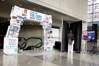 Surface Grooves and Dragonfly Custom Design created a custom archway of stories from BizBash magazine for the trade show entrance.