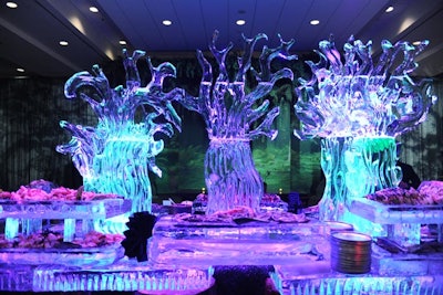 Each year the ball has an elaborate ice sculpture. This year it depicted trees in the haunted forest and presided over a raw bar.