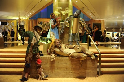 Traditional interpretations of Dorothy, the Tin Man, the Scarecrow, and the Cowardly Lion were relegated to the entrance; high-fashion versions of the characters were upstairs.