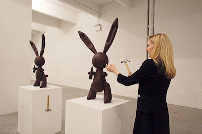 Jennifer Rubell's art-meets-food menu for Performa's 2009 benefit in New York included seven chocolate versions of Jeff Koons's 'Rabbit' sculpture made by chocolatier Jacques Torres. Guests were given hammers and invited to smash the edible work into pieces that they could then eat.