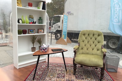 Alon Seifert of Not Grey used vintage furniture, area rugs, greenery, and accessories to convey the feeling of a traditional therapist's office inside each bubble.