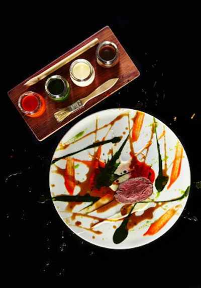 The Mandarin Oriental Hong Kong's art-focused menu is not only served at banquet events, but also at its Mandarin Grill & Bar restaurant and intimate eatery the Krug Room. Dubbed 'Paint,' the dish inspired by Jackson Pollock's abstract paintings sees guests top a plate of beef calotte with different colored sauces in pipettes. Those include the truffle (black), pepper (red), spinach (green), and potato mash (white).