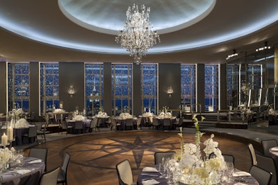 South-facing view of the Rainbow Room set for a dinner and dancing reception.