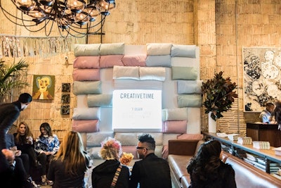 Creative Time split this year's Fall Ball into two parts, hosting events on two consecutive nights at NeueHouse. The first night was a sleepover, enabling patrons to stay overnight playing games, enjoying music and performances, napping, and partaking in other activities. Pillows became part of the decor inside the venue, and the producers mounted a bed to a wall near the entrance and video mapped the itinerary on its surface.