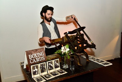 Original period boxing cards—similar to the more familiar baseball cards—inspired cards bearing the images of the night's fighters. On site, a vintage letterpress stamped the back of each card with a postcard format. Guests could write the cards to friends, and organizers later mailed them.