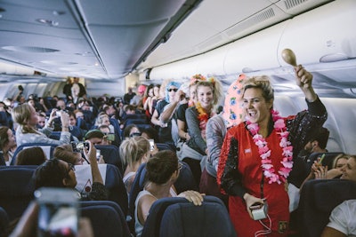 As part of the immersive experience produced by United Kingdom-based Broadwick Live, Bacardi provided all transportation, including chartering three planes to fly in 1,862 guests from New York City, Los Angeles, and London. On board, Bacardi ambassadors kept the atmosphere lively with entertainment, music, and, of course, Bacardi mixed drinks.