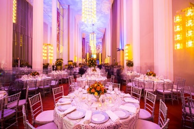 Before the performance, gold and soft pink lighting illuminated the foyer outside the Opera House.