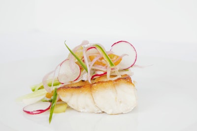 Another new plated dish from Occasions Caterers is Icelandic cod with radish and kohlrabi slaw and yuzu essence.