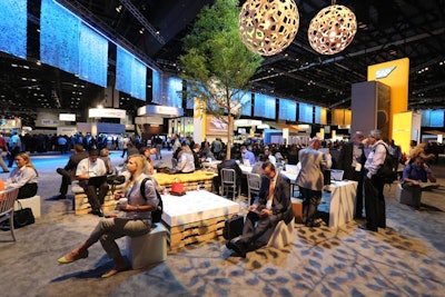 The “downtown” networking area included a variety of seating options such as chairs, benches, and cardboard cubes that were strong enough to sit on but light and easy to move.