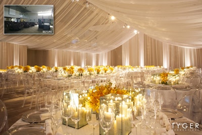 White Sheer Ceiling Treatment & White Poly Room Draping