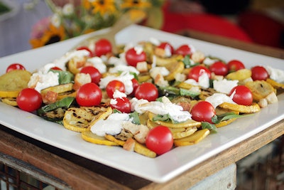 Grilled Summer Squash with cherry tomatoes, Burrata & Basil