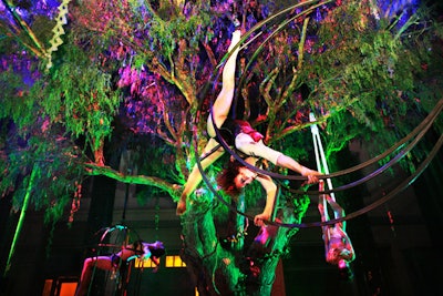 Three aerialists, suspended from a 30’ custom built tree, performed acrobatic feats with a crescent moon and bird cage while guests dined below