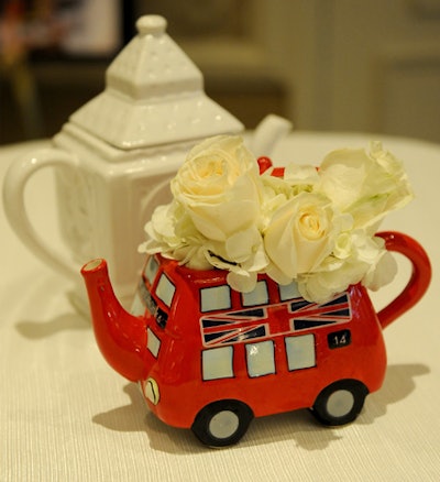 The Bafta Los Angeles Tea Party, held on Golden Globes weekend in Los Angeles, used various decor pieces and objects to advance its British theme—including a Union Jack-splashed tea kettle holding white roses.