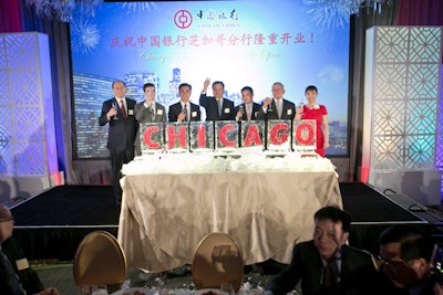 Bank of China opened the financial institution's Chicago branch with an ice-cutting ceremony in March 2013. Nadeau's Ice Sculptures encased red letters that spelled out 'Chicago' in ice; the bank executives then chiseled away at the blocks to reveal the new location.