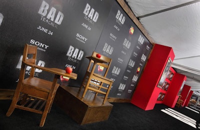 For the New York premiere of Columbia Picture's Bad Teacher in 2011, a 130-foot step-and-repeat area got 3-D touches in the form of classroom-style elements, including school chairs, desks, and red apples.