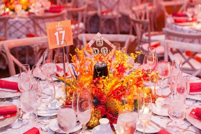 At the Miami Heat Charitable Fund annual gala in January, A Joy Wallace Catering, Design & Special Events created a tropical-looking table with centerpieces comprising Mokara orchids, calla lilies, and roses with accents of blue thistle—all built around a 3-D acrylic cube that encased replicas of the three Miami Heat championship rings.