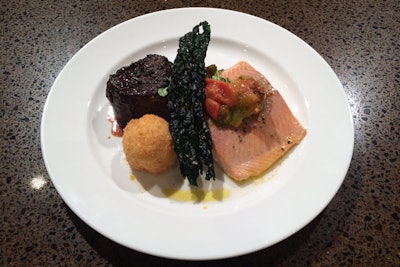 The entrée course will include a duo of filet mignon and slow-baked arctic char topped with a health-minded kale chip.