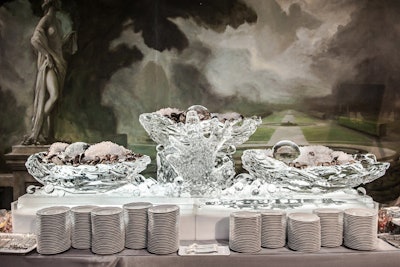 At Martha Stewart Weddings' 20th anniversary party, held at the Pierre hotel in New York in October 2014, Okamoto Studio carved half-shell ice sculptures, complete with frozen pearls, for the raw oyster serving station.