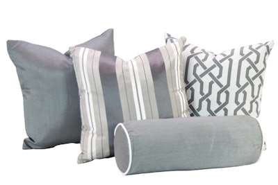 The Newport pillow collection from Designer 8 Event Furniture Rental allows planners to mix and match an assortment of gray patterns and silvery solids. The pillows, $15 each, are available in Southern and Northern California and Phoenix.