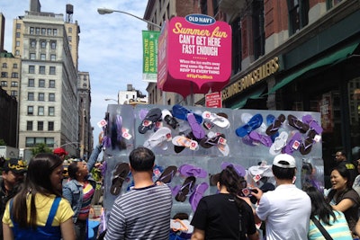 Okamoto Studio froze 800 pairs of flip-flops inside a nine-foot ice cube in Union Square for an Old Navy product launch in June 2012. As the ice melted, passersby grabbed a free pair.