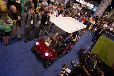 Following a segment on the newest trends in golf carts, on-air personalities from the Golf Channel’s Morning Drive show used some of the carts to exit their studio on the show floor.
