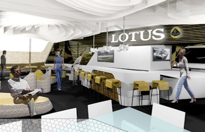 Recycled materials and motorsports-inspired movement are integral to this sleek VIP lounge design.