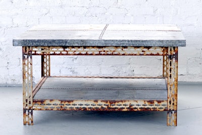 With a zinc top and worn metal frame, the coffee table from Patina provides an authentic industrial feel to a space and works well for a large lounge area. The table, $75 per day, is available nationwide and in Canada.