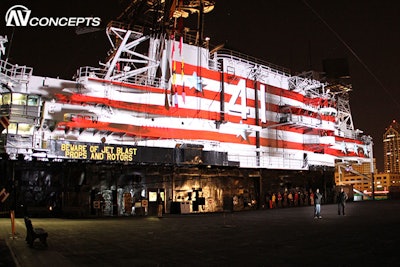 USS Midway aircraft carrier with projection mapping for live event in port of San Diego
