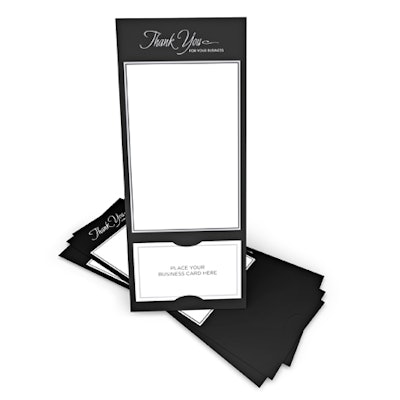 The flat black-and-white card from Gartner Studios Inc. features a spot for a business card, plus a blank space for a message. A pack of 20 costs $9.99.