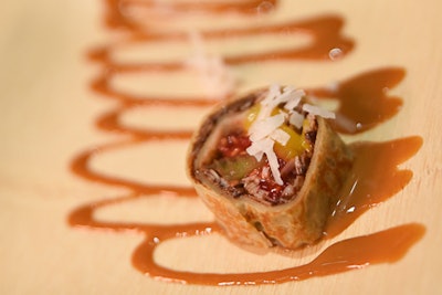 Maté Restaurant & Lounge created a sweet sushi roll with raspberries, mango, and kiwi wrapped in a Nutella-infused pastry dough, topped with coconut shavings and set atop a bed of drizzled caramel.
