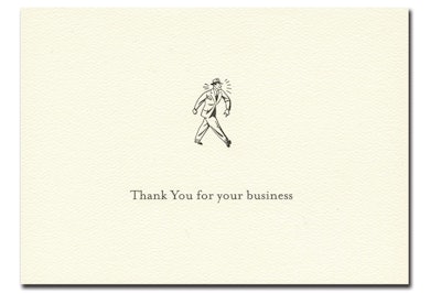 The retro 'businessman' thank-you cards printed on heavyweight textured paper from CroninCards add a touch of nostalgia to correspondence. A box of 10 cards with envelopes costs $12.50.