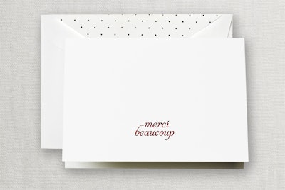 The delicate greeting from Crane & Company features 'merci beaucoup' written in red, along with a matching envelope with black polka dots. A box of 10 cards costs $17.