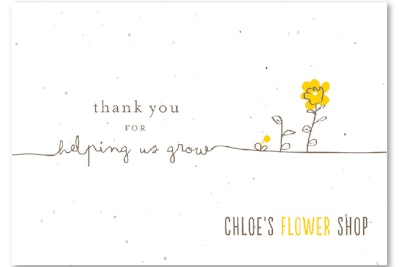Ideal for eco-friendly, sustainable businesses, ForeverFiances' thank-you notes are made from recycled paper that's embedded with wildflower or garden herb seeds. Recipients can plant the customizable cards and watch them grow. Pricing starts at $133.30 for 30 cards (blank envelopes included).