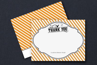 The carnival-inspired, candy-striped flat card, designed by Wiley Valentine for Tiny Prints, offers the perfect ending to a circus-theme event. Pricing starts at $29.75 for 25 cards (white envelopes included) and is available with blue or orange striping.