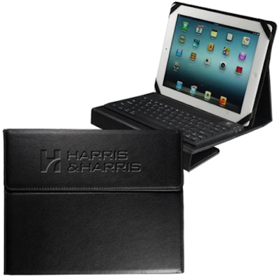 The Bluetooth keyboard ($39.95 each for 300) from Persnickety Promotions connects wirelessly to iPads and comes with a pebble-grain, faux leather case that can be folded into a stand.
