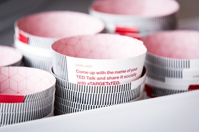 Thought-provoking social media prompts covered coffee cups served at TED's Social Spaces.