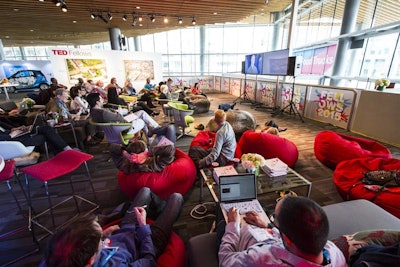 TED Social Spaces included the beanbag seating—which has become a trademark of the conference—that encouraged creative thinking in a nontraditional, unstuffy environment.