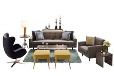 CORT's new Draper collection features a mid-century inspired gray fabric sofa and chair. Coordinate with the swivel La Brea chair, Britton stools, and Regis tables to create iconic modern style.