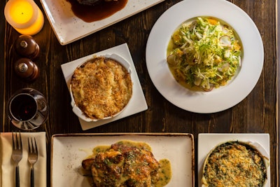 Scalloped Potato Gratin, Frisée & Baby Iceberg Salad, Roasted Chicken and Creamy Spinach